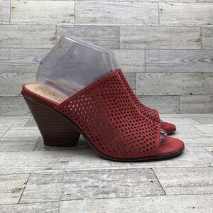 Vince Camuto Leather Peep Toe Slide Mule Heel Perforated Laser Cut Red 8.5